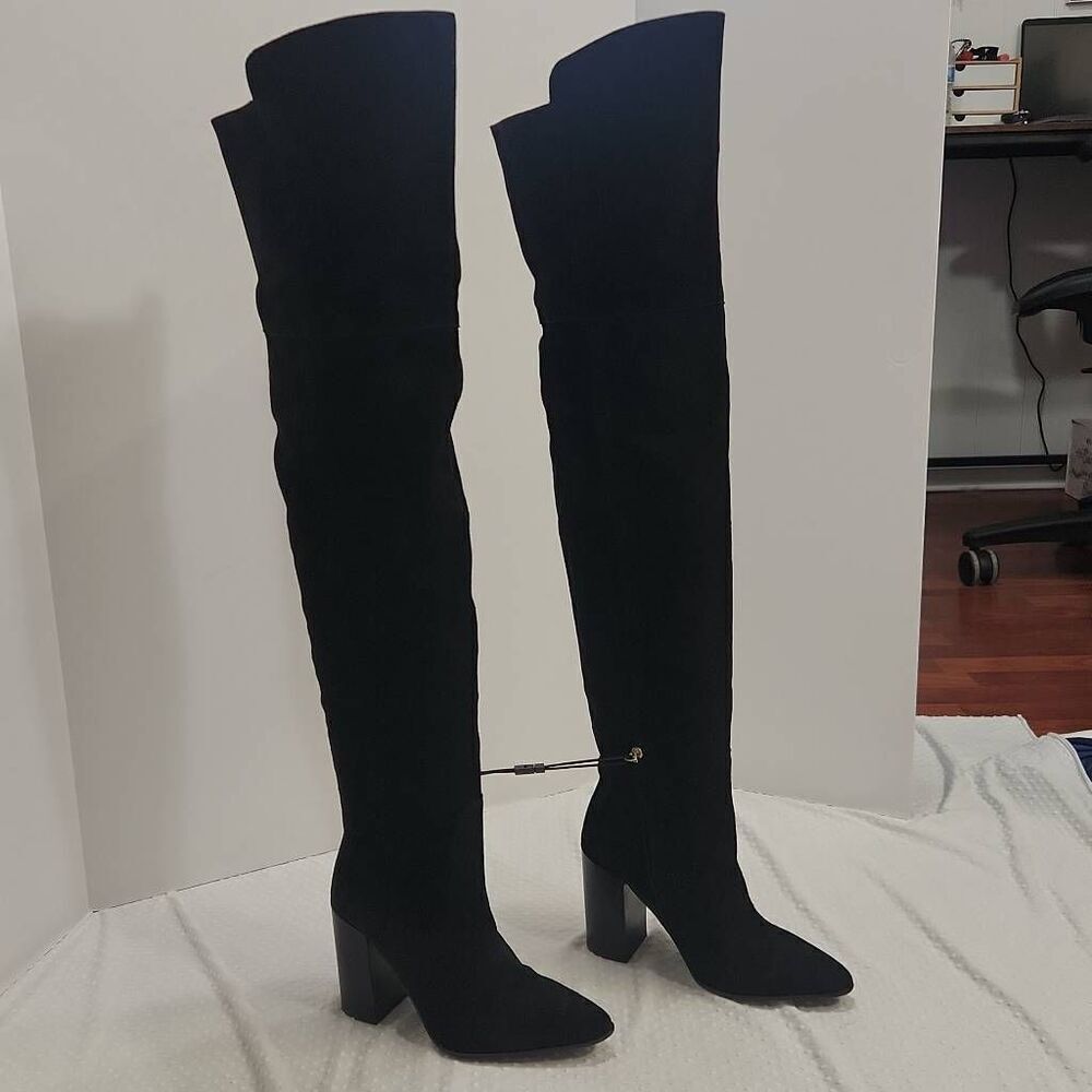 Zara Black Suede Over the Knee Boots Block Heel Women's Size 7.5 US / 38 EU